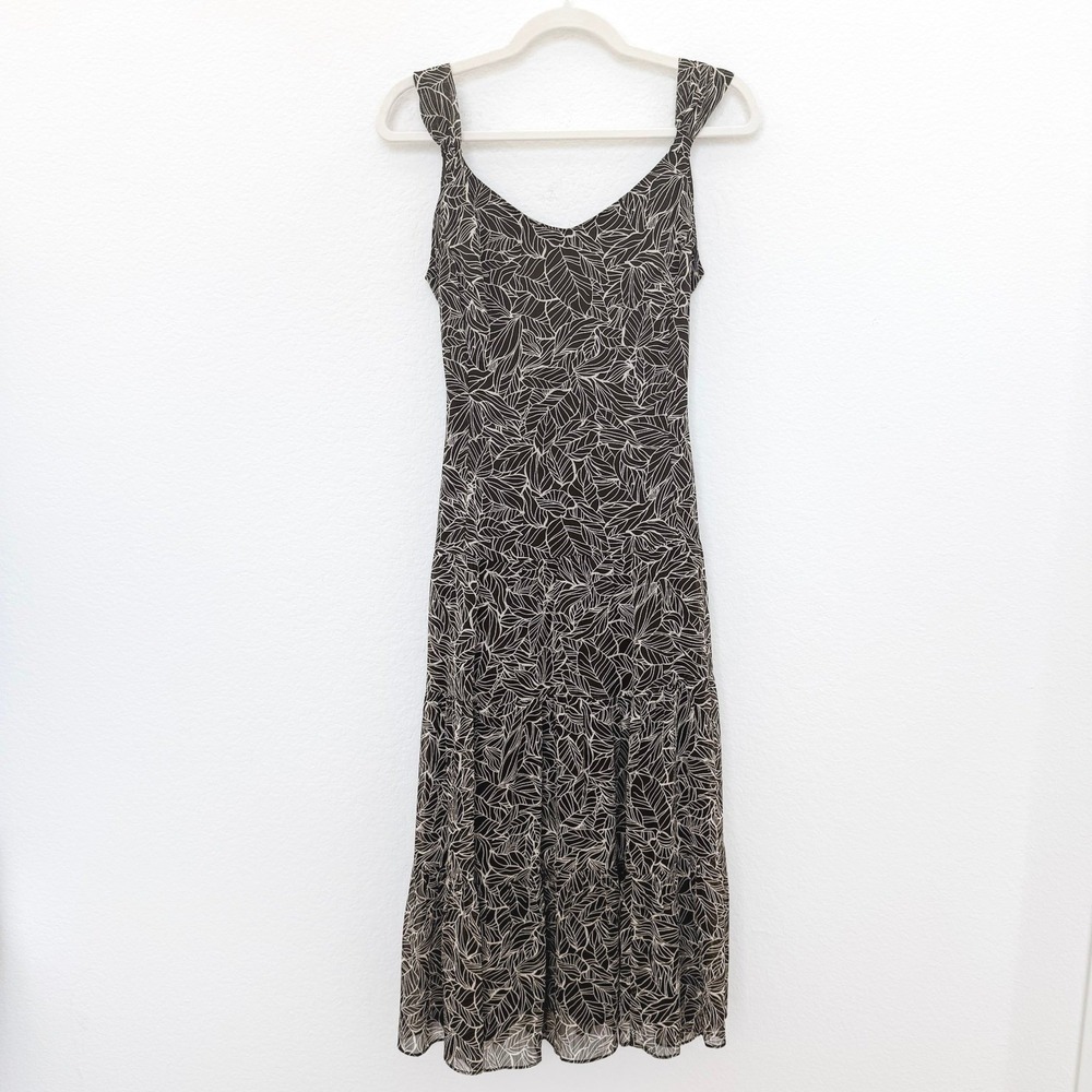 Coldwater‎ Creek Womens Midi Dress 8 Brown Leaf Print Tiered Boho Forest Fairy